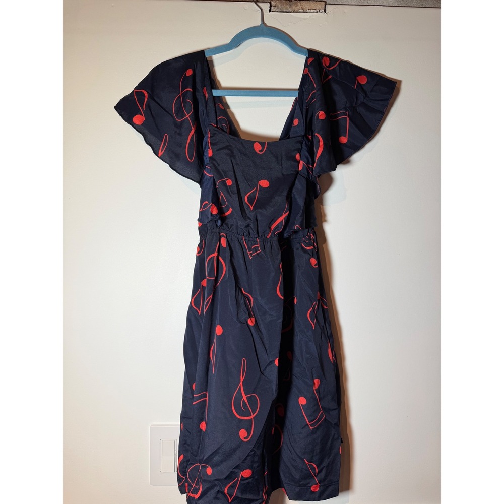 Navy Blue Red Musical Note Print Flutter Sleeve Fit & Flare Dress‎ Square Neck